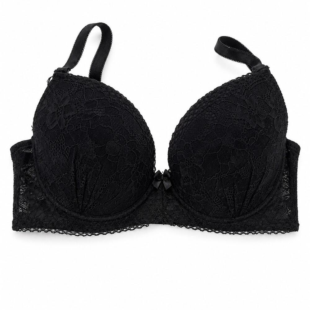 Jezebel Lace Push Up Bra Womens 36D Black Padded Underwire Plunge Center Bow NWT